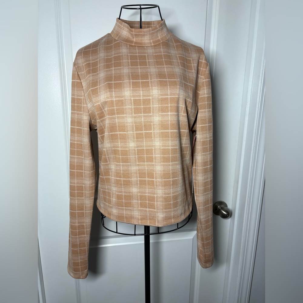 Belle‎ Du Jour Tan Plaid Mock Neck Shirt
